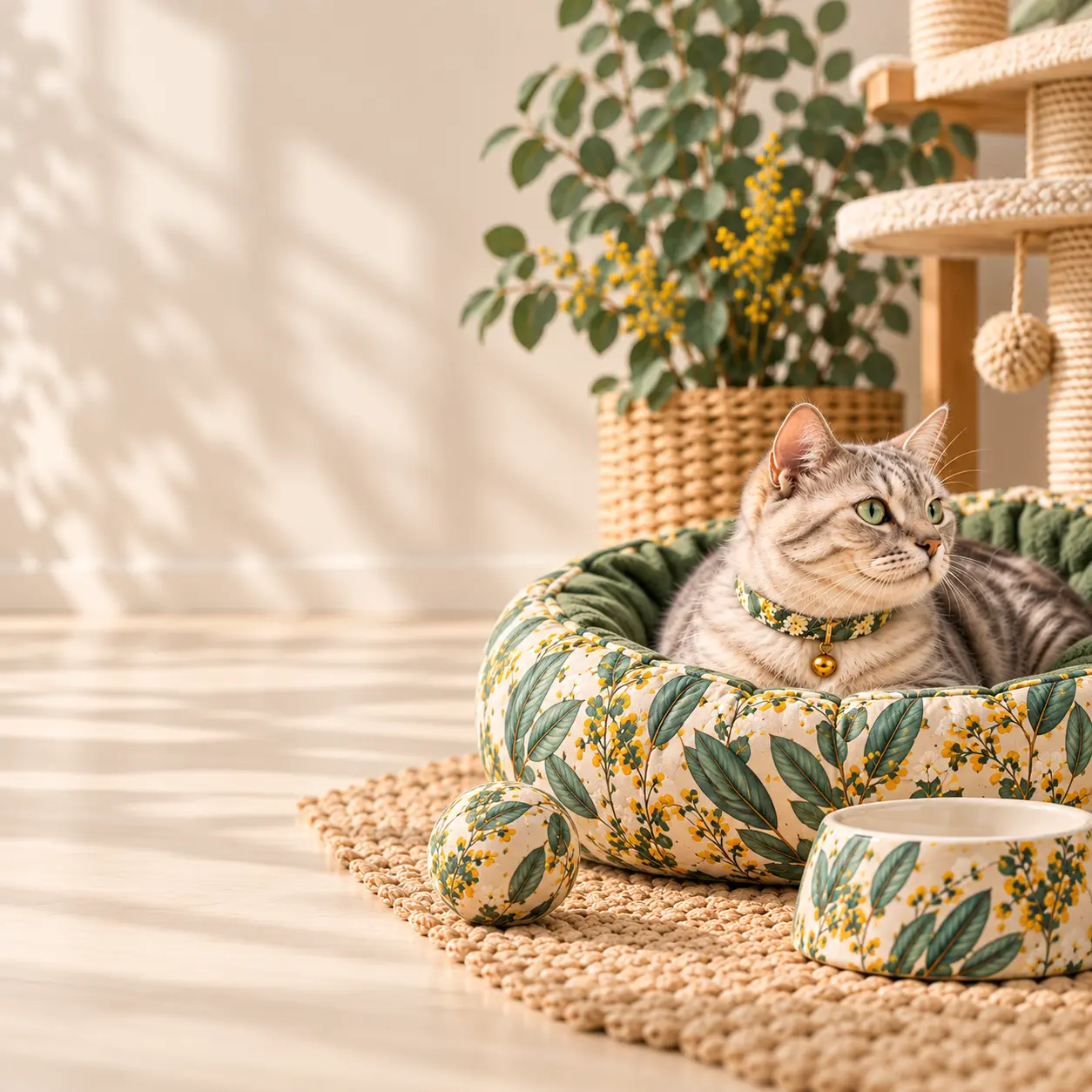 Grey cat resting beside an Aussie Pet Wear bowl and collar