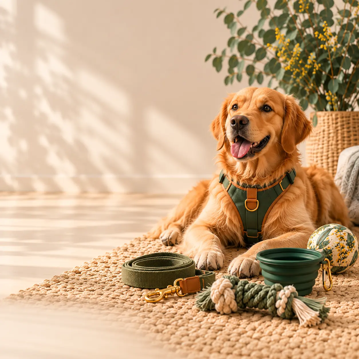 Golden retriever relaxing with Aussie Pet Wear gear