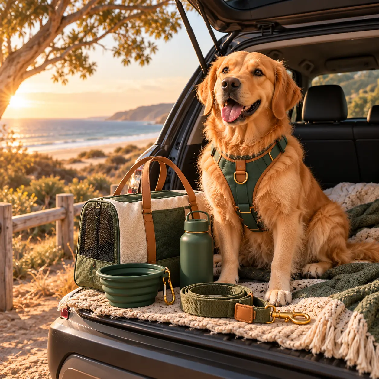 Golden retriever beside a travel carrier, bowl and lead